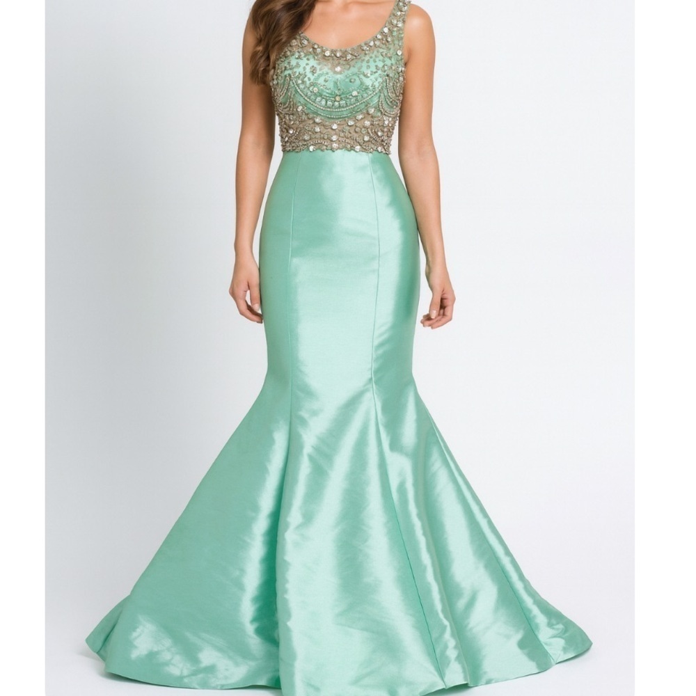 Vintage Rachel Allan dress maxi mermaid style beaded sea foam green SZ 2 formal